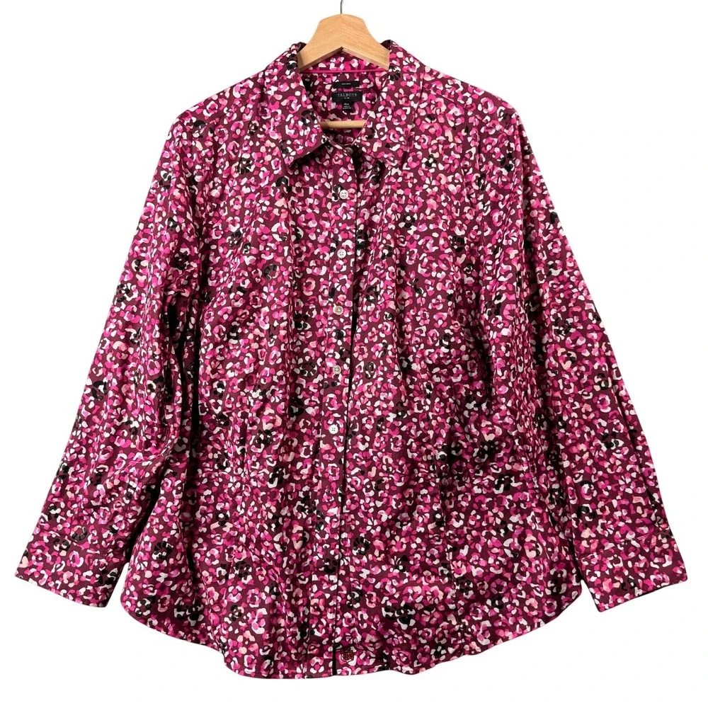 Talbots‎ Plus Womens 18W Pink Abstract Leopard Print Non-Iron Button Down Shirt